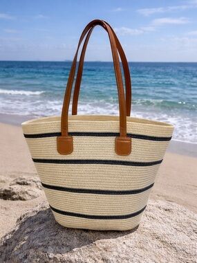Striped Straw Tote Bag with Brown Leather Handles - Ivory &. Blk